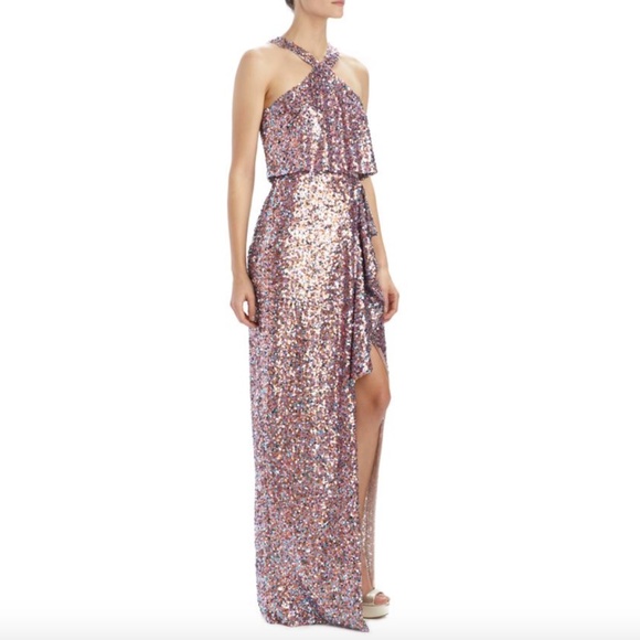 ML MONIQUE LHUILLIER Halter Sequined Gown - Picture 4 of 6